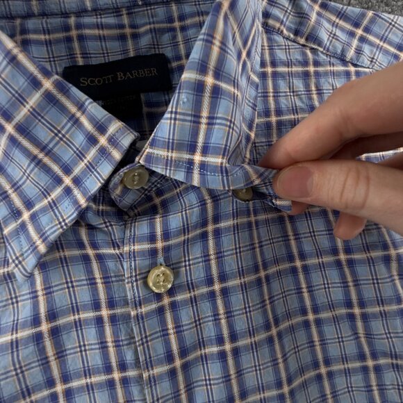 Scott Barber XL Cotton Blue Plaid Long Sleeve Button Down Shirt Men Adult Woven - Picture 9 of 13
